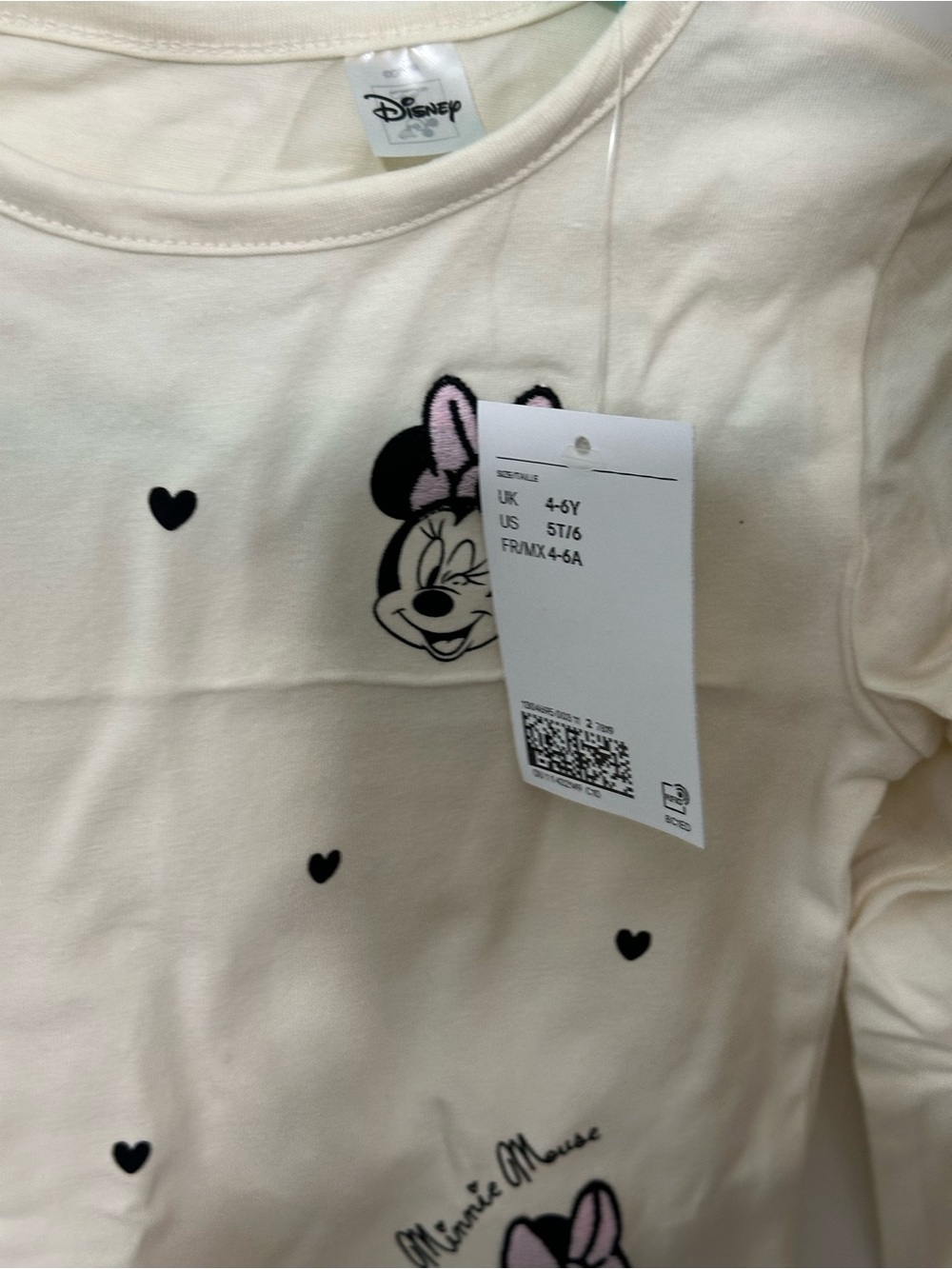 H&M Cream Long Sleeve Minnie Mouse Top with Black Hearts and Pink Bow Accent
